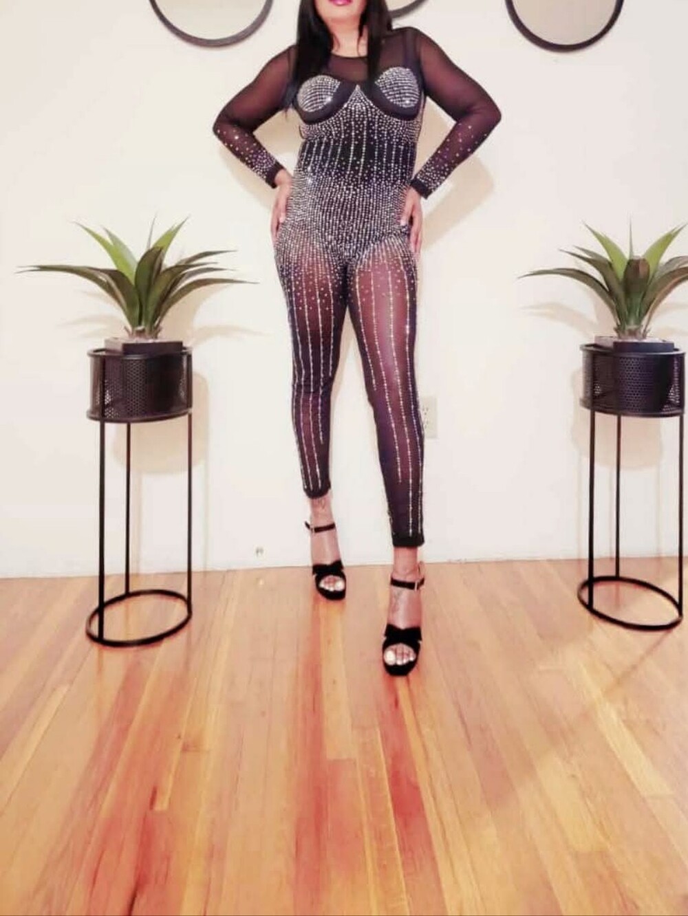 Embellished Sheer Black Jumpsuit with Crystal Detailing